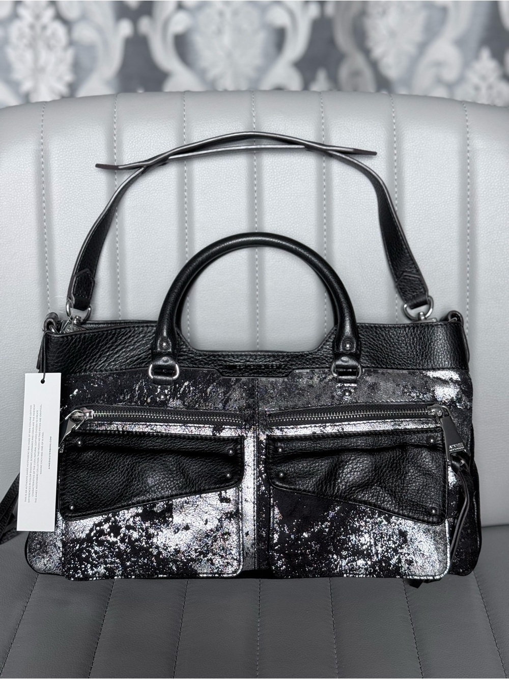 Aimee Kestenberg Black and Silver Distressed Leather Satchel